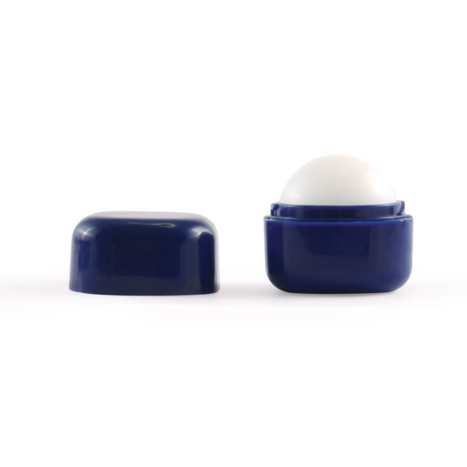 A navy blue cube lip balm with a smooth, round top and a matching lid. It features a logo.