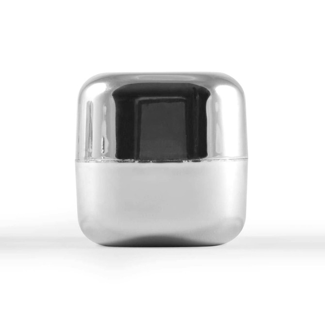 A sleek, metallic container of Ritz Cube Lip Balm with a glossy finish.