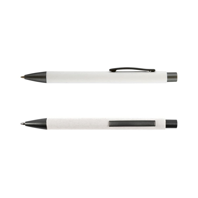 A set of two Aspen Paper Pens in white with black accents, featuring clips for easy attachment.
