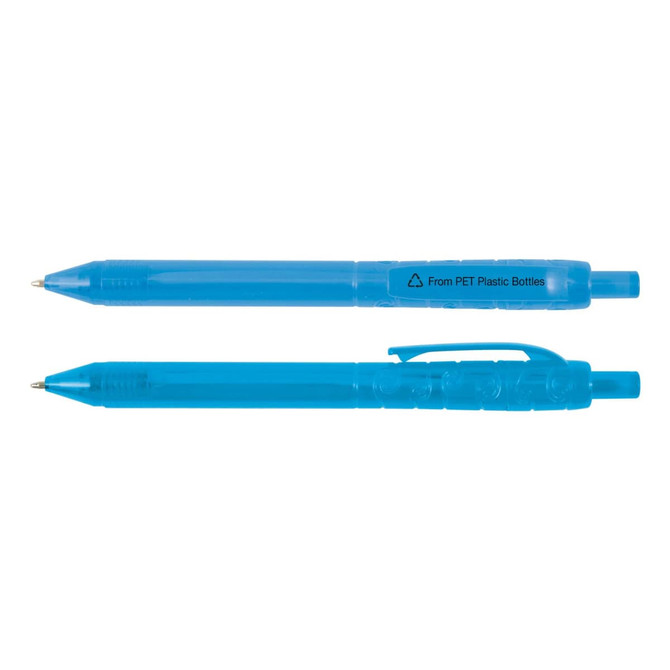 A blue plastic pen set featuring two different styles, both with a logo. Made from recycled PET plastic bottles.