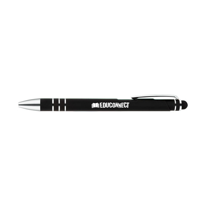 A stylus pen featuring a sleek black design with silver accents and an engraved logo.