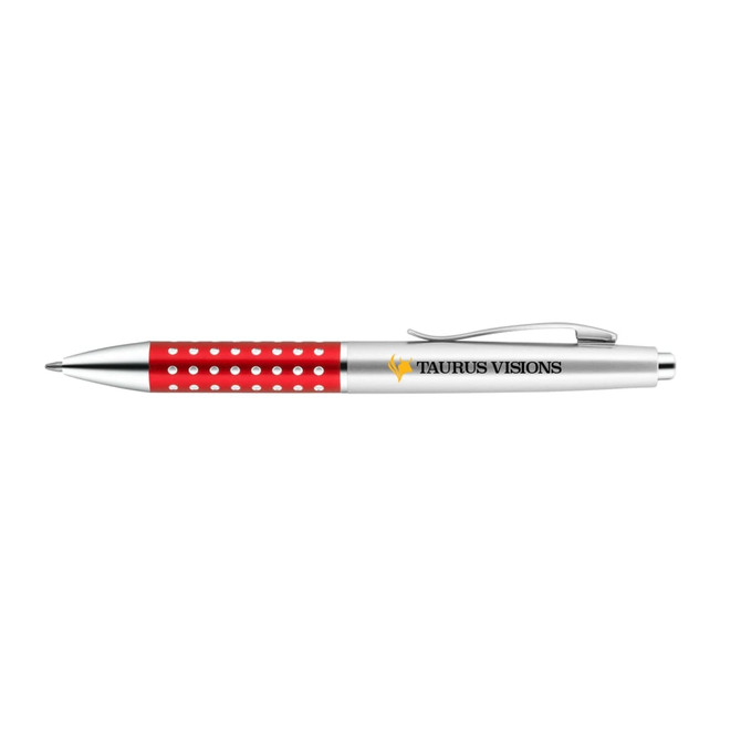 A metal pen featuring a red and silver design, decorated with dotted accents, and includes a logo.