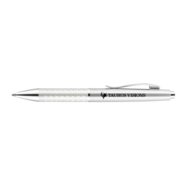 A silver metal pen with a textured grip and a clip, featuring a logo.