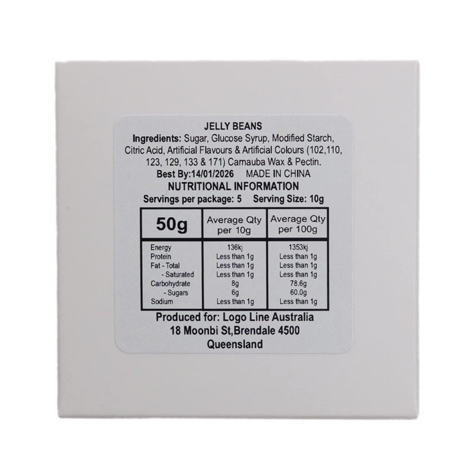 A box containing assorted colour jelly beans, weighing 50g, with a nutritional information label on the back.