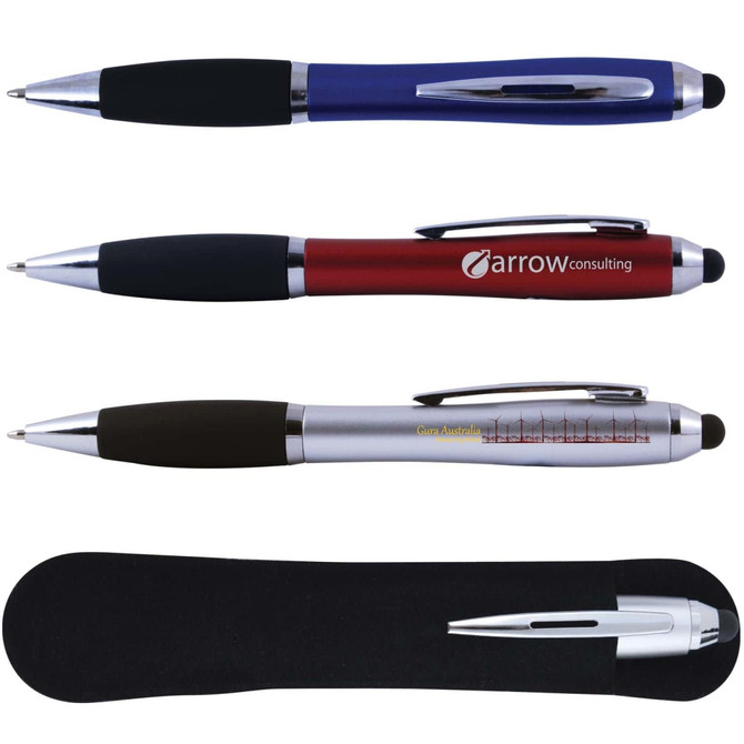 A collection of three stylus pens in blue, red, and silver, displayed in a black case. Each pen has a sleek design.