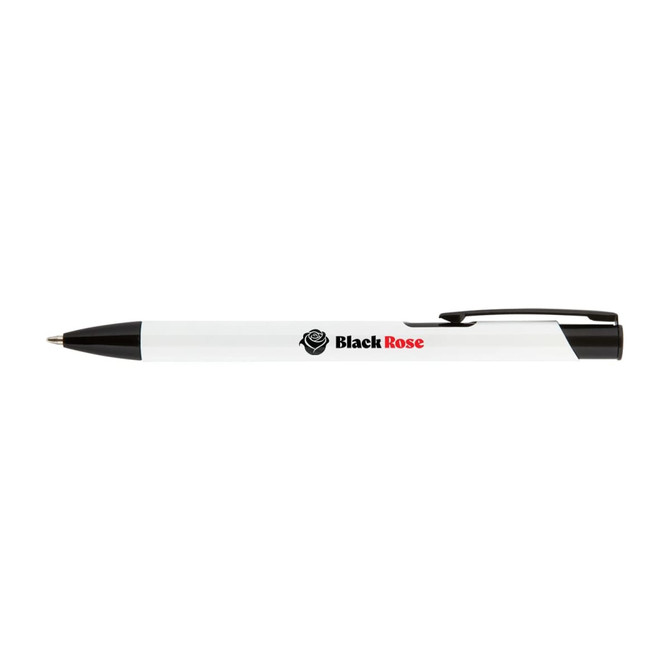 A black and white metal pen featuring a clip and a logo. It is designed for writing purposes.