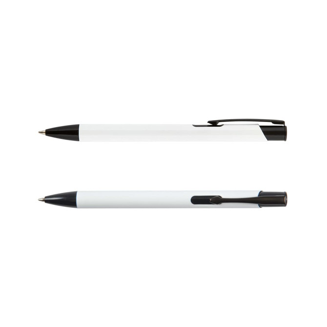A black and white metal pen with a sleek design and a clip, featuring a discreet logo.