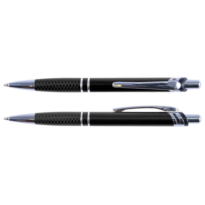 A metal pen in black with chrome accents and a textured grip, featuring a logo on the side.