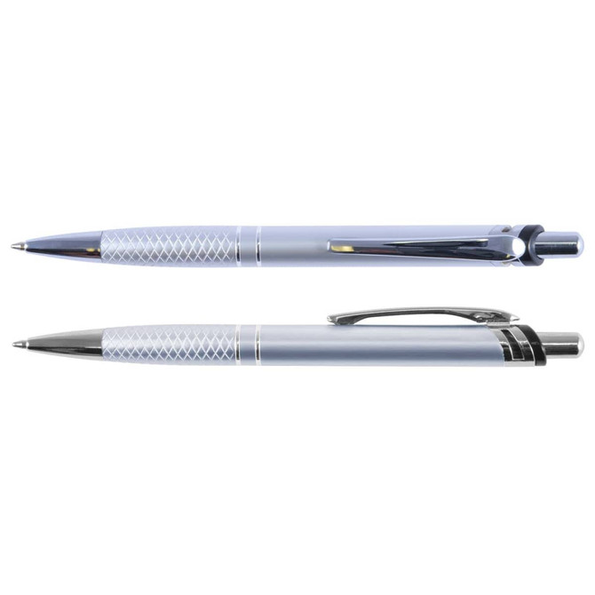 A silver metal pen with a textured grip and a black clip, featuring chrome accents and a logo.