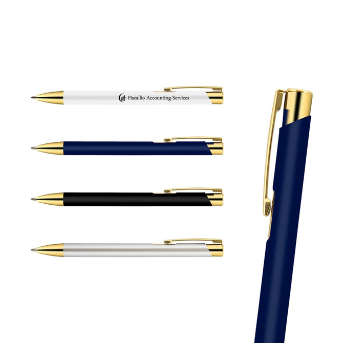A set of metal pens in navy, black, and white, featuring gold accents and a branding logo.