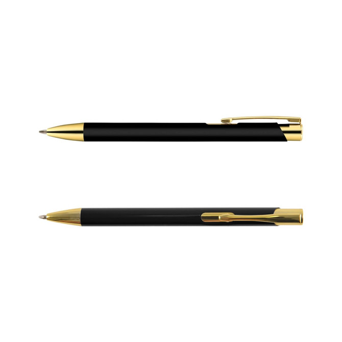 A metal pen featuring a sleek black body with gold accents and a clip, showcasing a sophisticated design.