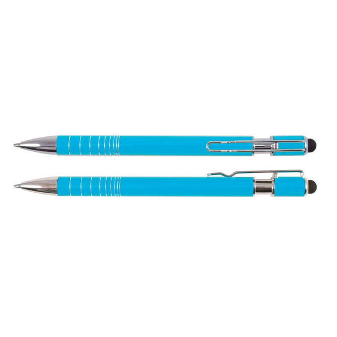 A blue Helix Pen and Stylus set, featuring shiny silver accents and a clip, presented side by side.