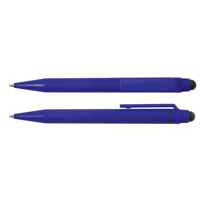A blue Chameleon Pen and Stylus featuring a sleek design, with one pen having a clip and a black tip.