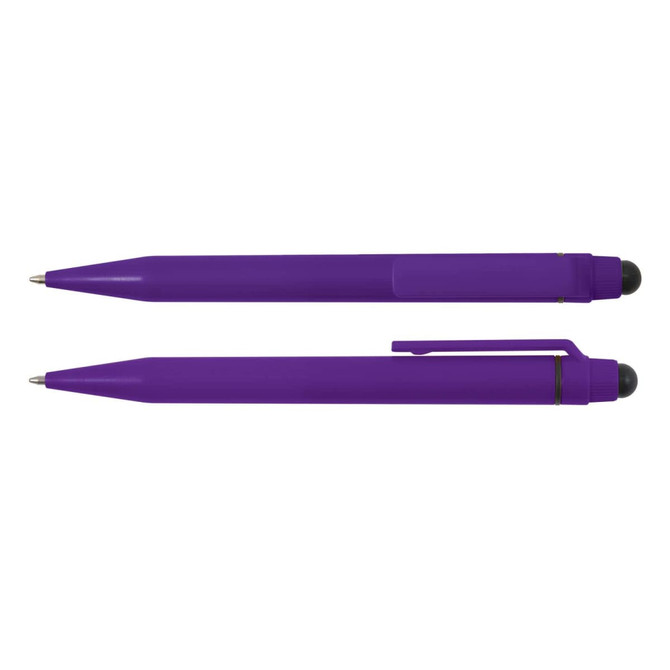 A purple stylus pen positioned above a purple pen, both with black tips and clips. The product features a logo.
