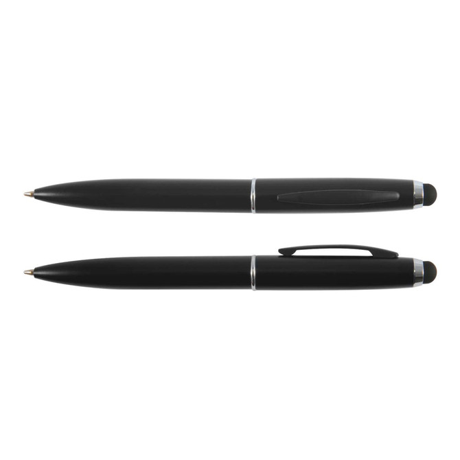 A black metal pen is displayed horizontally, featuring a sleek design with silver accents and a logo.