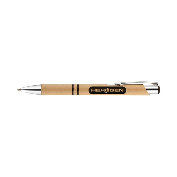 A pen featuring a brown paper barrel and silver accents, with a logo on the side.