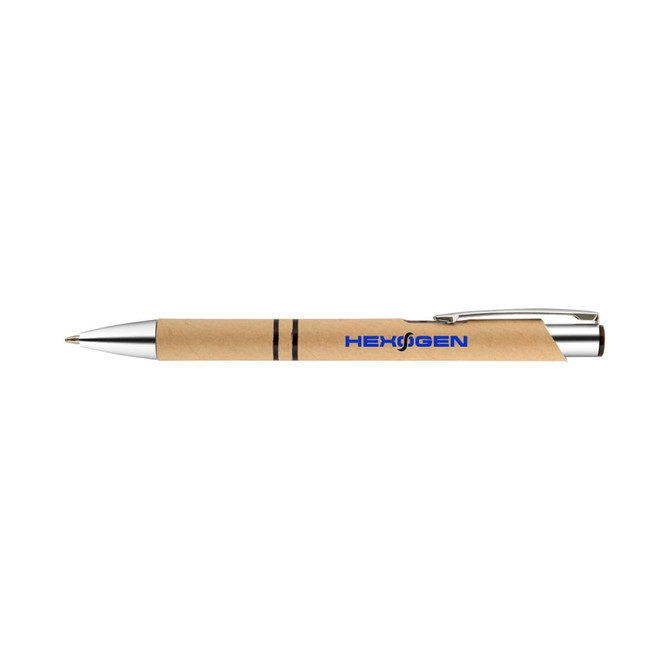A pen with a brown paper barrel, silver accents, and a logo on the side.