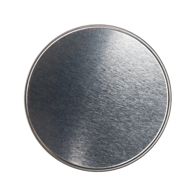 A silver round tin with a smooth, brushed metallic surface.