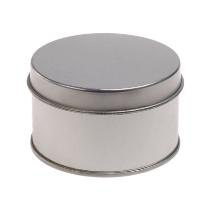 A silver round tin with a smooth finish and a secure lid, featuring a simple design.