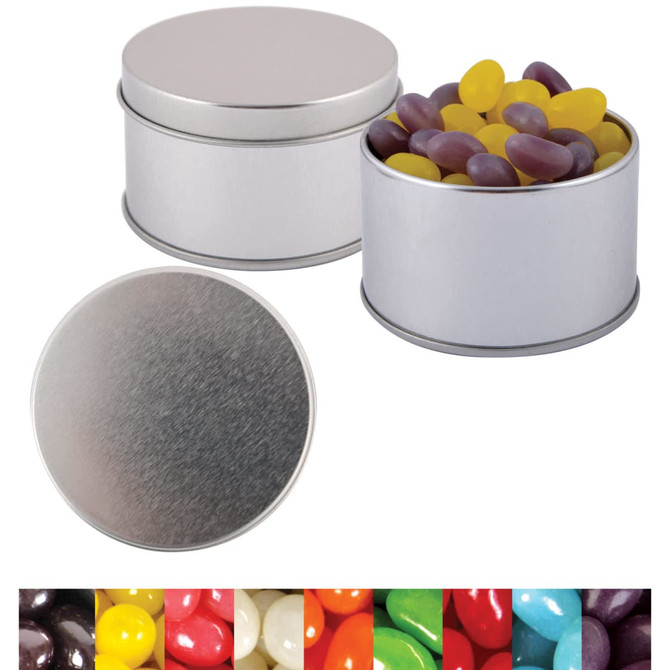 Silver round tin filled with assorted jelly beans in purple, yellow, and more colorful varieties. Tin has a smooth lid.
