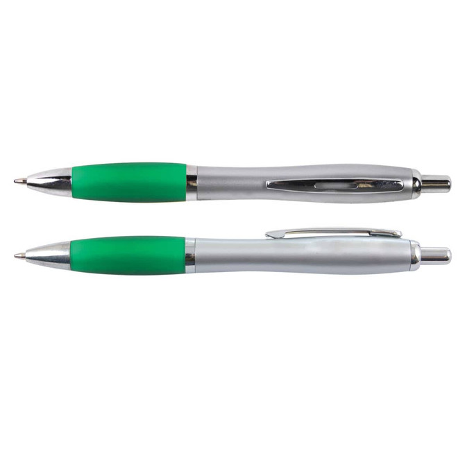 Two metal pens are displayed, featuring green grips and silver bodies. Each pen has a clip for convenience.