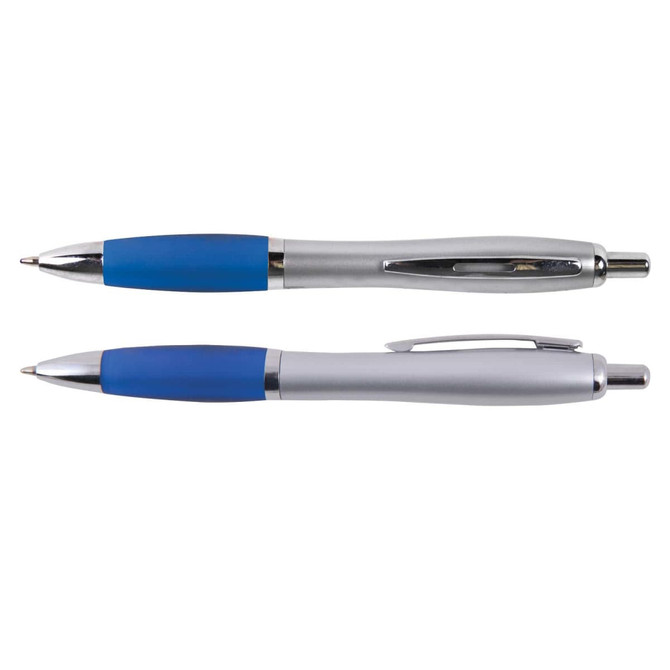 Two metal pens with blue accents and silver finishes are displayed, featuring a sleek design and a comfortable grip.