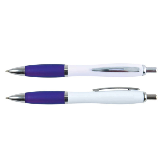 Two plastic pens with white barrels and purple grips, featuring silver accents and a logo on one.