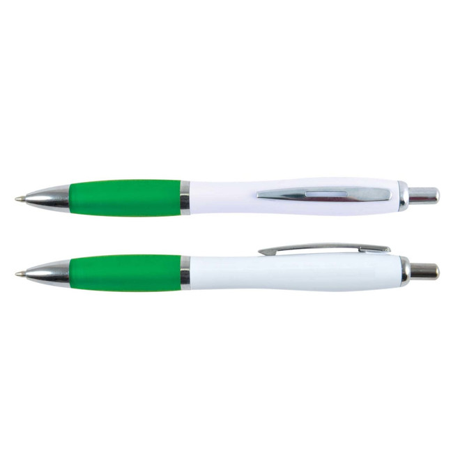 A set of two plastic pens with white barrels and green accents, featuring chrome trim and a clip.