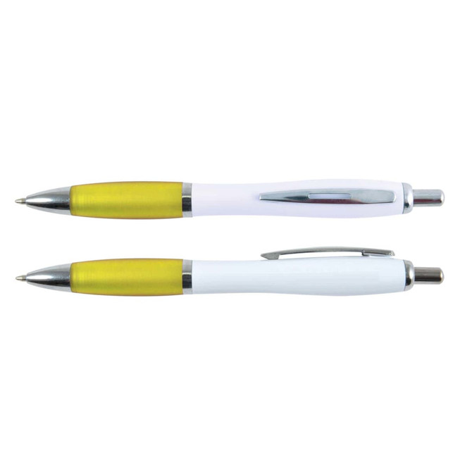 A collection of two Viva Pens with a white barrel and bright yellow accents, each featuring a chrome trim.