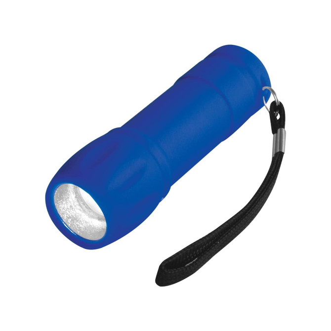 A blue flashlight featuring a robust body and a wrist strap for easy handling.