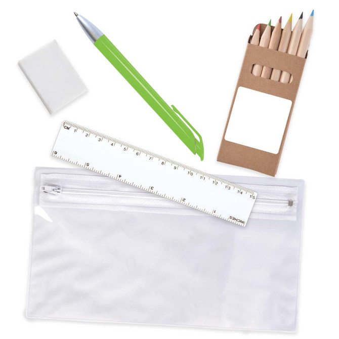 A transparent pencil case with a ruler, green pen, eraser, and a box of colored pencils.