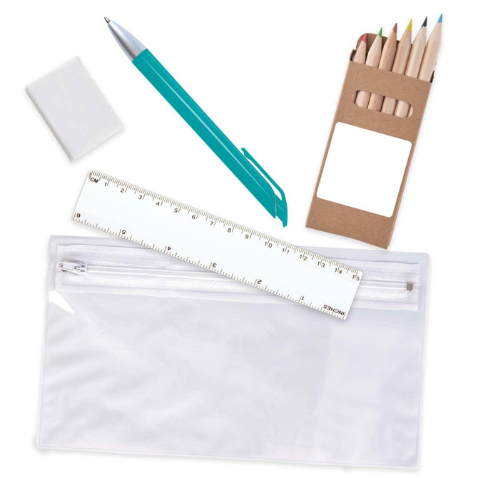 A clear pencil case containing a ruler, a pen, a white eraser, and a set of colored pencils in a brown box.