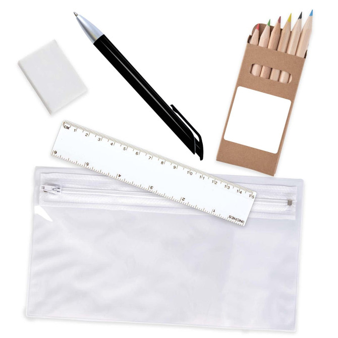 A transparent pencil case containing colored pencils, a ruler, a pen, and an eraser. The colors are natural and vibrant.