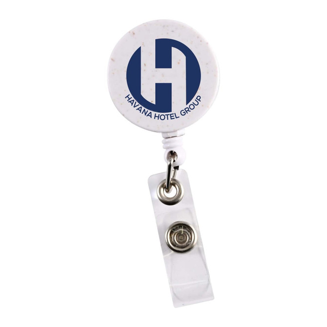 A retractable badge holder in white with a circular top featuring a logo and a clear strap for attachment.