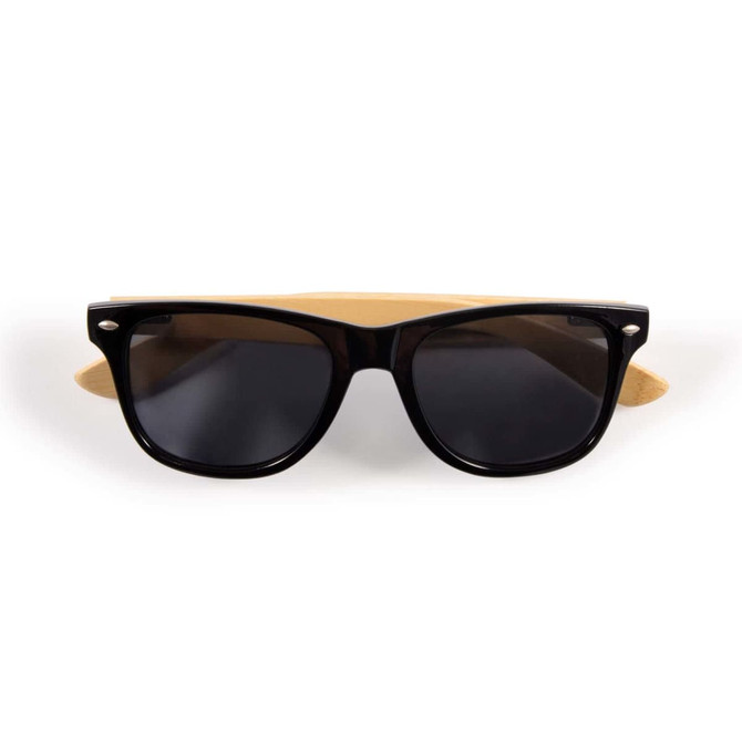 Bamboo sunglasses with a classic style and black lenses, displayed against a neutral background.