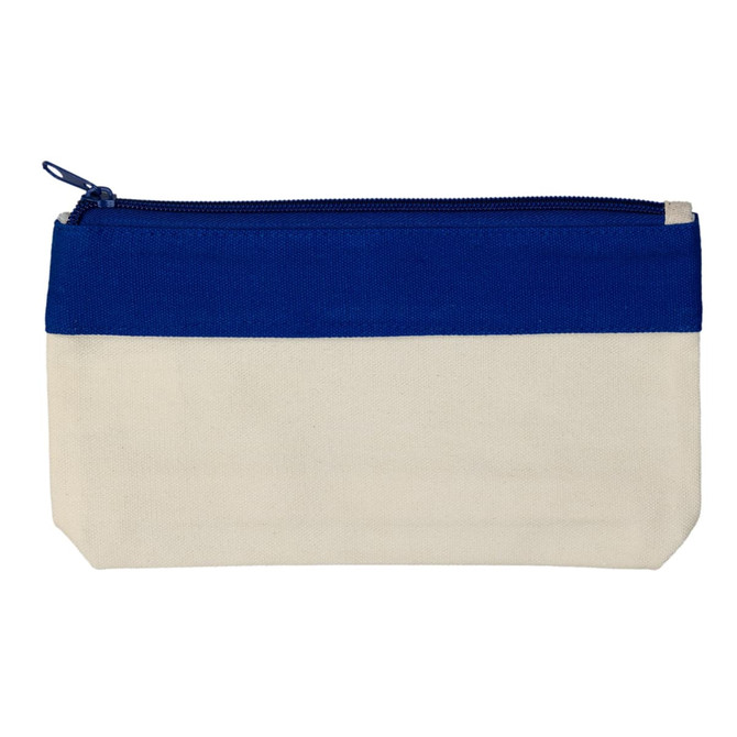 A pencil case featuring a blue top section and a cream bottom section, with a zipper closure.
