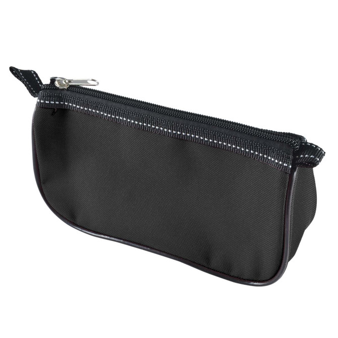 A black pencil case with a zippered closure and a sleek design, suitable for storing stationery and office supplies.