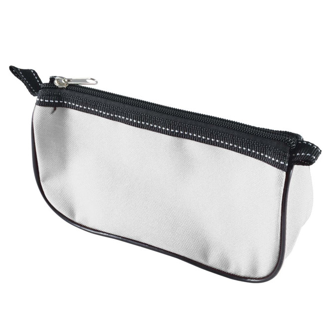 A sleek white pencil case with a black zipper, featuring a simple design and a branded logo.