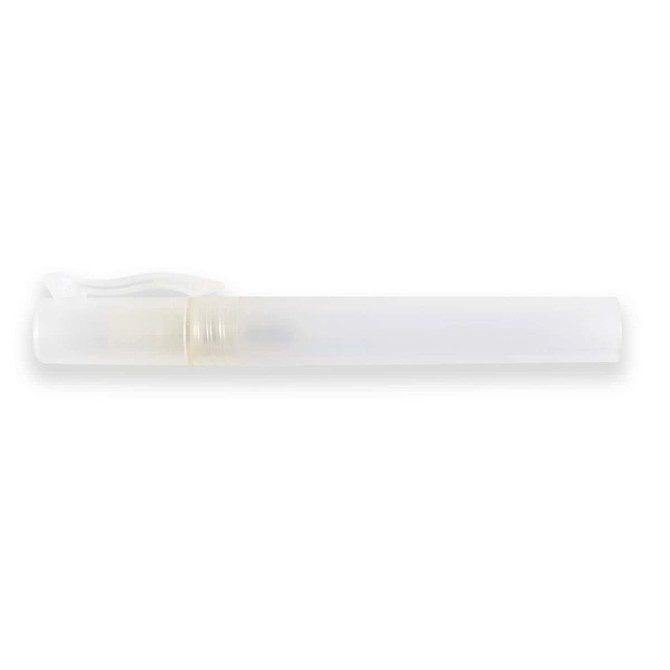 A transparent liquid hand sanitiser stick with a clear cap and a nozzle for dispensing.
