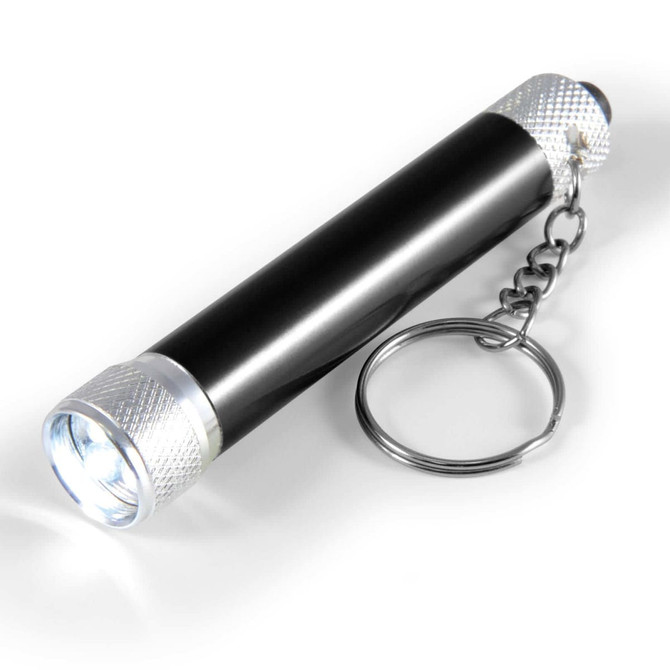 A compact flashlight featuring a sleek black body with silver accents and a keychain attachment for portability.