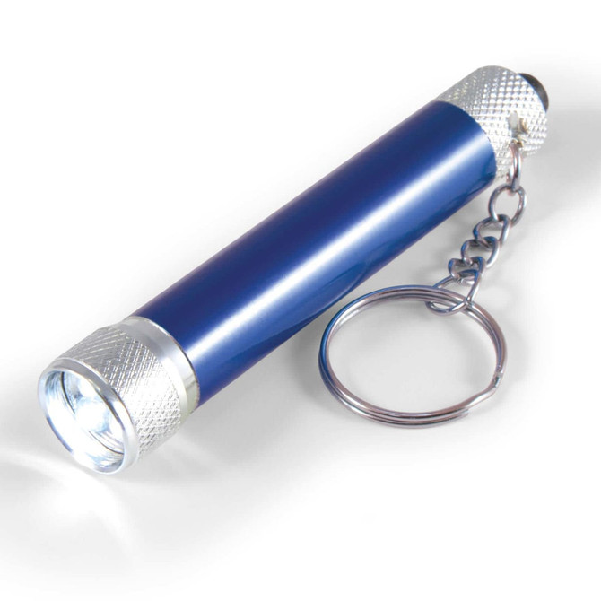 A compact blue torch with a silver keychain attached, featuring a bright LED light at one end.