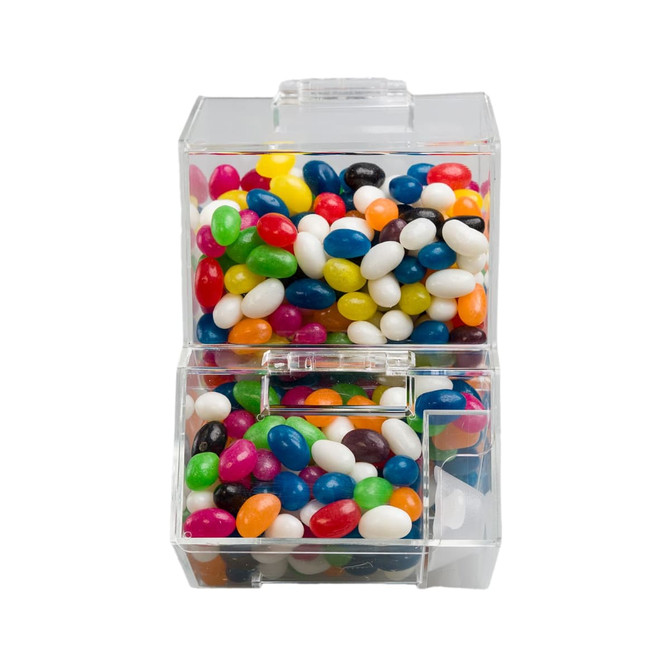 A clear dispenser filled with assorted mini jelly beans in vibrant colors like red, blue, green, and yellow.