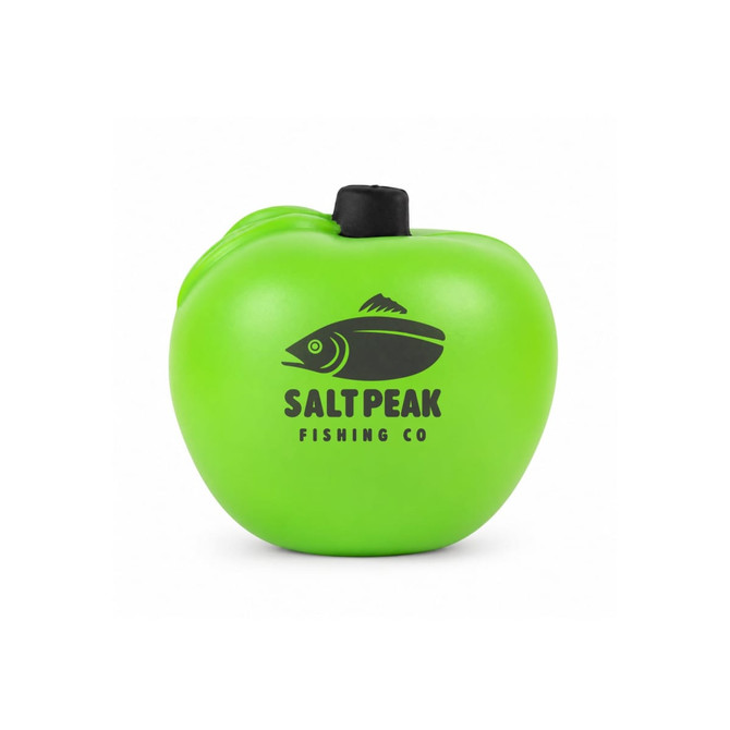A green apple-shaped stress reliever with a logo on the front, resembling a fishing company branding.