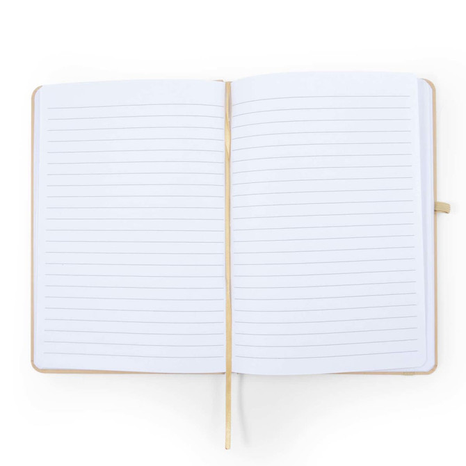 A blank A5 Natura Notebook featuring lined pages and a ribbon bookmark, designed for office and business use.
