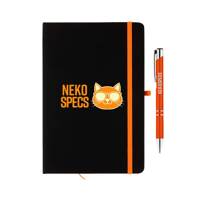 A black notebook with an orange elastic band and an orange pen, featuring a logo on the cover.