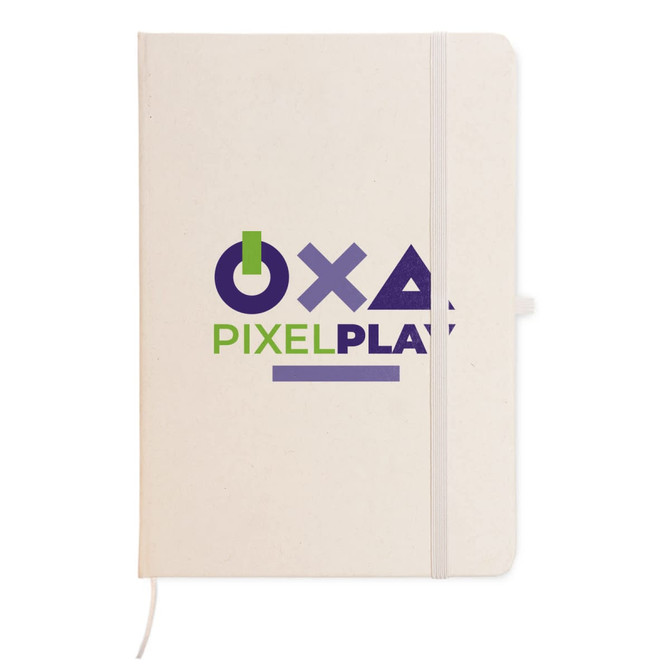 A beige A5 notebook with an elastic band closure, featuring a logo on the cover.