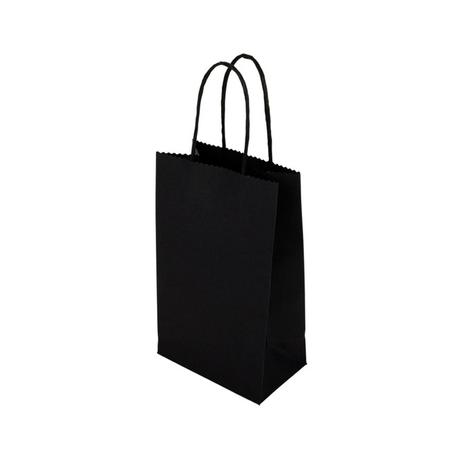 A small black paper bag with two handles and a scalloped top edge. Features a logo.