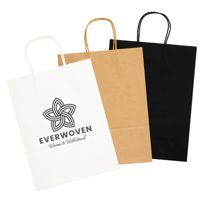 Three large paper bags in white, brown, and black, featuring handles and a logo on one bag.