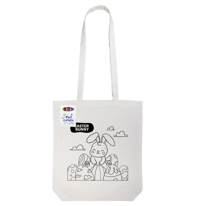 A white tote bag featuring a colouring design of an Easter bunny with eggs, along with a logo.