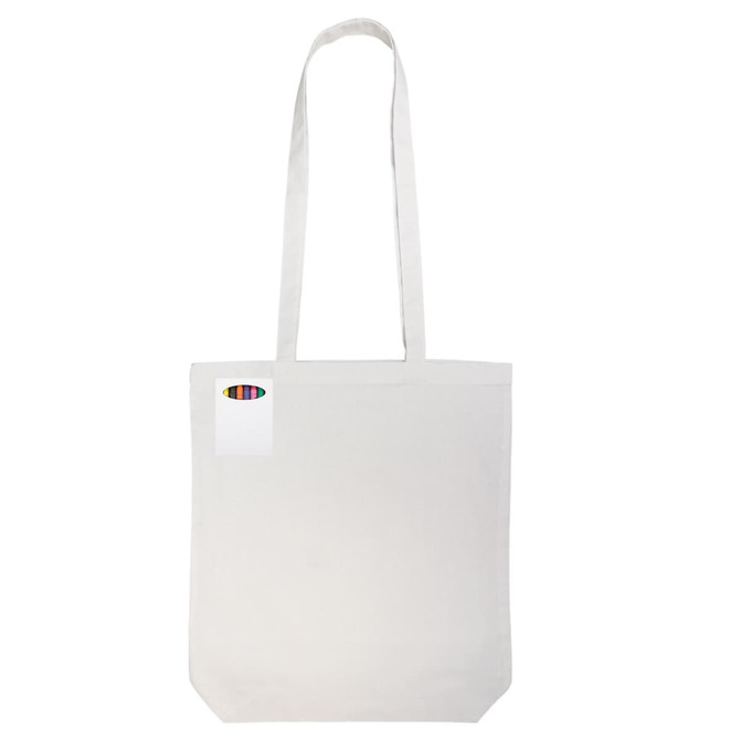 A cream-coloured tote bag with long handles and a logo on one side. Crayons are not visible in the image.